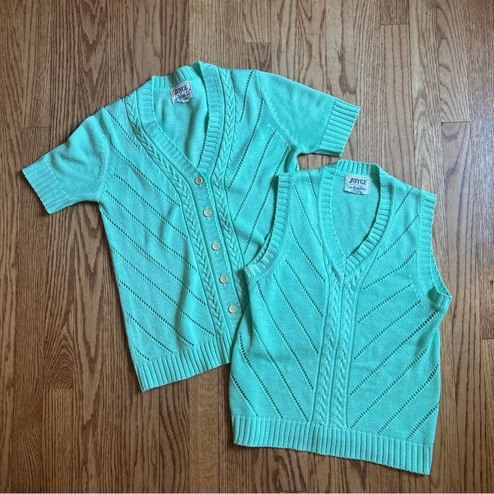 Vtg Joyce sweater Vest Set Womens Medium Mint Green Easter grandmacore Spring